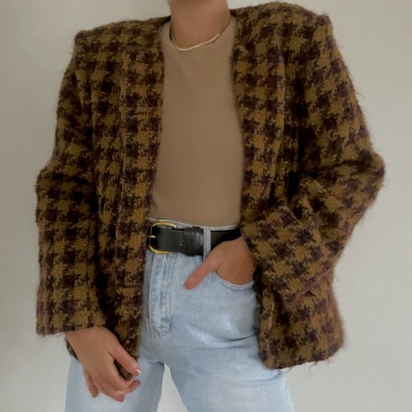 Vintage Plum & Ochre Wool Houndstooth Coat - Picture 4 of 7